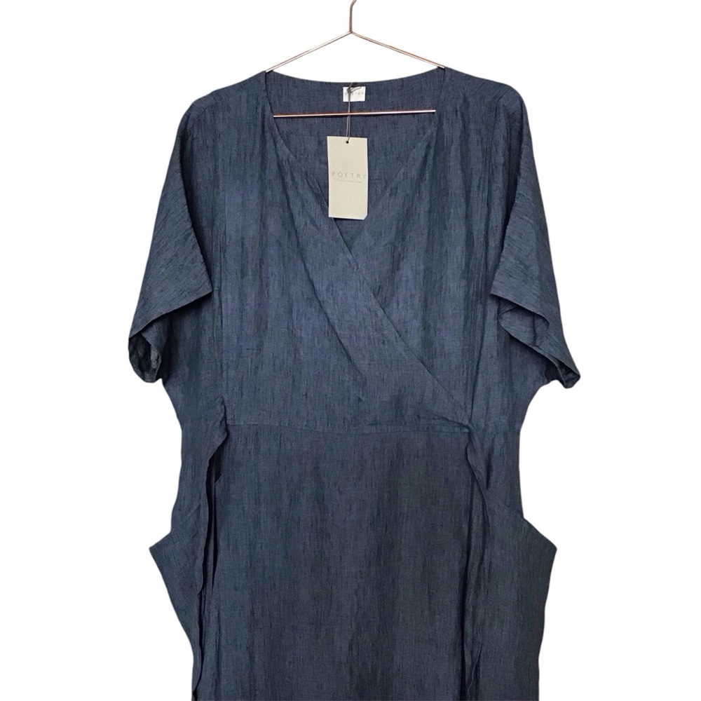 NWT POETRY Petrol Blue Linen Tie Back Midi Dress 18 Lagenlook Art To Wear Pocket - Picture 3 of 13